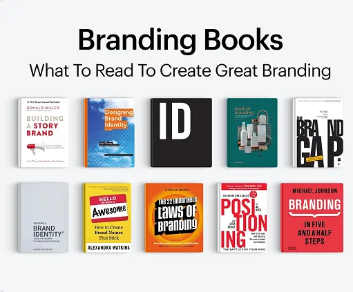 Various branding books displayed, highlighting essential reads for developing strong and impactful brand identities.