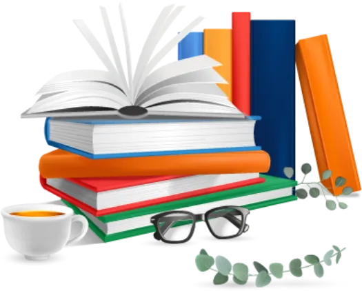 A stack of books, a pair of glasses, and a cup of coffee arranged on a clean white background.