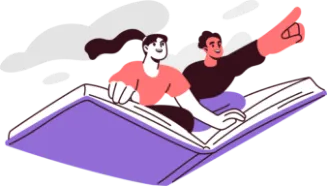 Two people sit atop a large book, engaged in conversation, with pages visible beneath them.