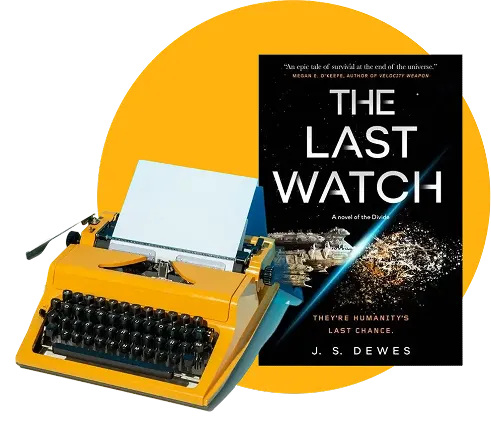 Book cover of The Last Watch by L.J. Drews, showcasing a shadowy figure against a moody, twilight backdrop