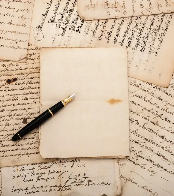 A pen rests on aged paper atop a stack of old documents, suggesting a historical or literary context.